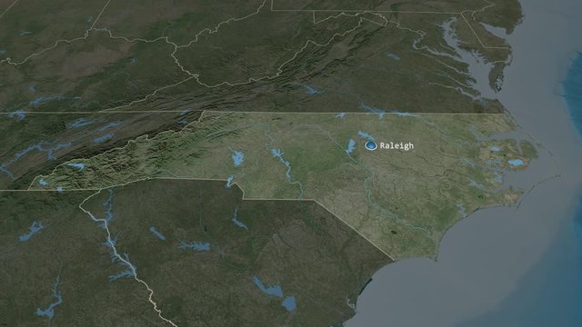 North Carolina - state of the United States zoomed on the satellite map of the globe. Animation 3D