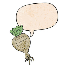 cartoon root vegetable and speech bubble in retro texture style