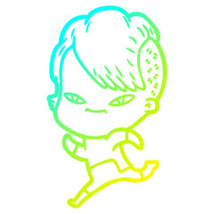 cold gradient line drawing cute cartoon girl with hipster haircut