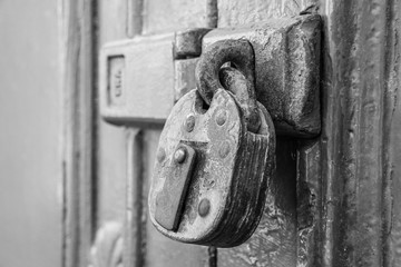 Old Antique Lock on the Old Wooden Door. Black and White Photography.