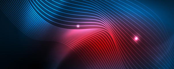 Smooth wave lines on blue neon color light background. Glowing abstract wave on dark, shiny motion, magic space light
