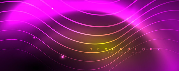 Bright neon circles and wave lines, glowing shiny background design template, digital techno concept.