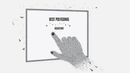 Touch the abstract Tablet.  Polygonal vector illustration of hand man and tablet from triangles and points. Black-and-white. Design for various successful conceptual projects. Low poly.