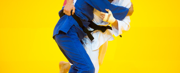 Two judo fighters in white and blue uniform.
