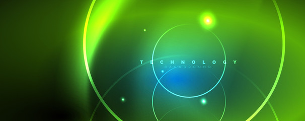 Trendy neon blue abstract design with waves and circles. Neon light glowing effect. Abstract digital background.
