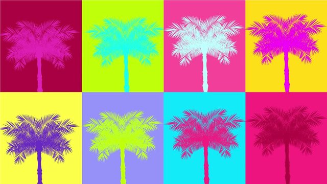 90's and 80`s style vector animation. Colorful pop art background video. Vector illustration retro background palm tree. stock footage