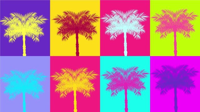 90's and 80`s style vector animation. Colorful pop art background video. Vector illustration retro background palm tree. stock footage
