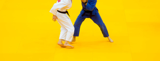 Two judo fighters in white and blue uniform. - obrazy, fototapety, plakaty