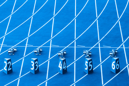 Starting blocks in track and field. Blue color filter