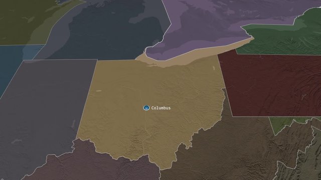 Ohio - state of the United States zoomed on the administrative map of the globe. Animation 3D