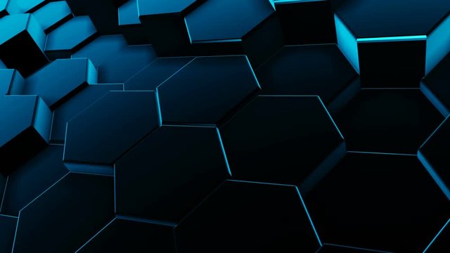 4K futuristic surface. Neon blue light hexagon pattern. Abstract motion background.