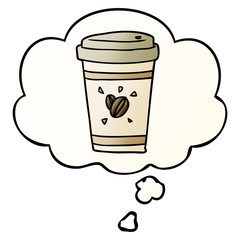cartoon takeout coffee and thought bubble in smooth gradient style