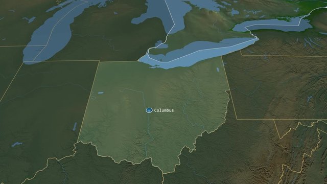 Ohio - state of the United States zoomed on the physical map of the globe. Animation 3D