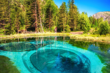 Obraz na płótnie Canvas Geyser lake with turquoise water in Altai mountains, Siberia, Russia. Summer landscape