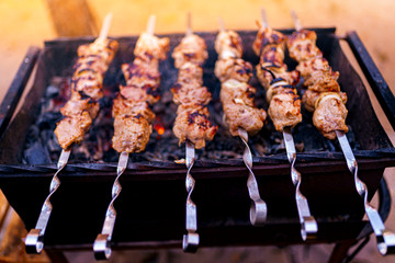 Grilled kebab cooking on metal skewer. Roasted meat cooked at barbecue. BBQ fresh beef meat chop slices. Traditional eastern dish, shish kebab. Grill on charcoal and flame, picnic, street food