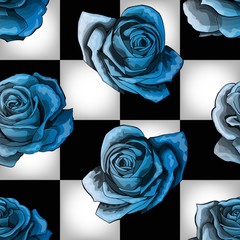 Cold blue vintage roses on chessboard background. Vector seamless pattern