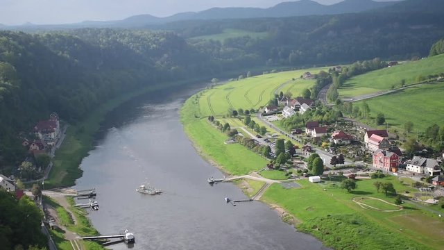 Ferry crossing in rather town near Bastei Bridge,  Saxon Switzerland top view, Sachsen, Germany