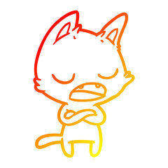 warm gradient line drawing talking cat with crossed arms