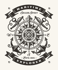 Vintage Maritime Explorer Typography (One Color). T-shirt and label graphics in woodcut style. Editable EPS10 vector illustration.