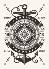 Vintage Nautical Traveler Typography (One Color). T-shirt and label graphics in woodcut style. Editable EPS10 vector illustration.