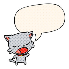 cute cartoon cat talking and speech bubble in comic book style