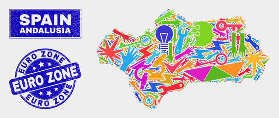 Mosaic industrial Andalusia Province map and Euro Zone seal stamp. Andalusia Province map collage composed with scattered bright equipment, hands, industrial symbols.