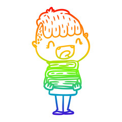 rainbow gradient line drawing cartoon happy boy with new books