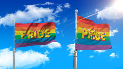 Two LGBT pride flags on blue sky background. Love and equality symbol