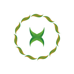 vector illustration letter x with leaf and circle nature icon logo design green color
