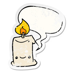 cartoon candle and speech bubble distressed sticker
