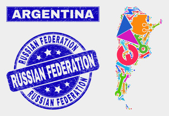 Mosaic service Argentina map and Russian Federation seal. Argentina map collage created with randomized bright equipment, hands, production icons.