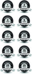 Silver/ grayscale color year warranty banner, sticker, tag, icon, stamp, label, sign, badge bundle with ribbon on top isolated on white background.
