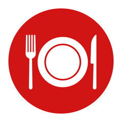 Plate with fork and knife icon flat red round button vector illustration