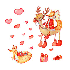 A set of Christmas characters: fox and deer.