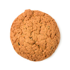 Homemade cookies. One sweet cookie made from oatmeal flour. Tasty biscuit in high resolution closeup isolated on white background top view. Homemade bakery.