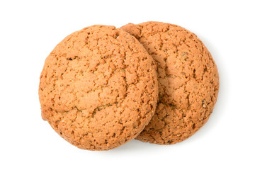 Homemade cookies. Two sweet cookie made from oatmeal flour. Tasty biscuit in high resolution closeup isolated on white background top view. Homemade bakery.