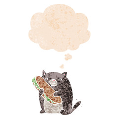 cartoon cat with sandwich and thought bubble in retro textured style