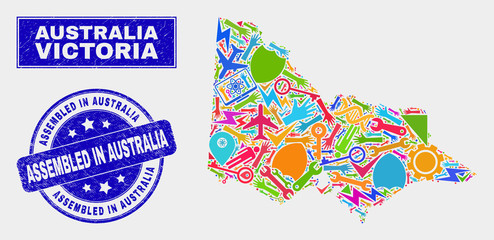 Mosaic service Australian Victoria map and Assembled in Australia seal stamp. Australian Victoria map collage made with randomized colorful tools, palms, production symbols.