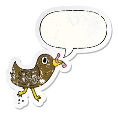 cartoon bird and worm and speech bubble distressed sticker