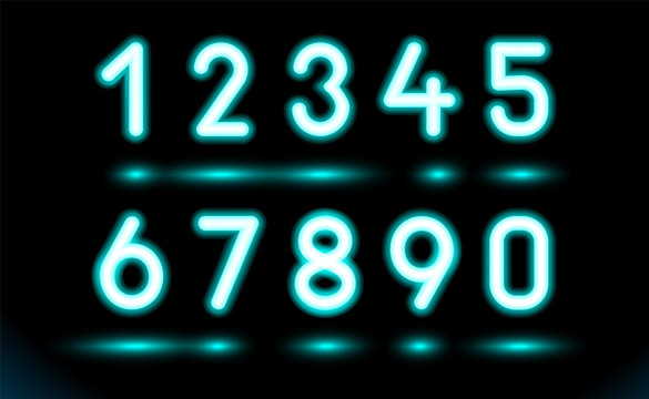 Simply set of glowing neon numbers for Design on black, dark background. Web fluorescent object, lamp. Luminescent modern illumination ad, illustration. Vector sign Ui