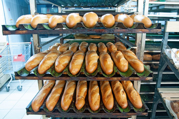 White bread Baguette freshly baked in a bakery