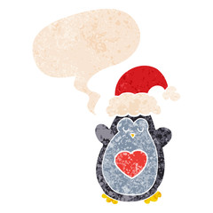 cute christmas penguin and speech bubble in retro textured style