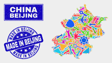 Mosaic service Beijing City map and Made in Beijing seal stamp. Beijing City map collage made with randomized colored tools, palms, industrial items.