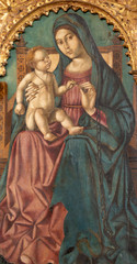 Fototapeta na wymiar TAORMINA, ITALY - APRIL 9, 2018: The renaissance painting of Madonna in Duomo (San Pancrazio) by Antonello de Saliba (1504).