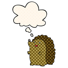 cartoon happy hedgehog and thought bubble in comic book style