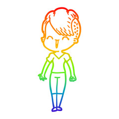 rainbow gradient line drawing happy cartoon hipster girl