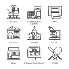 Industry related, square line vector icon set for applications and website development. The icon set is pixelperfect with 64x64 grid. Crafted with precision and eye for quality.