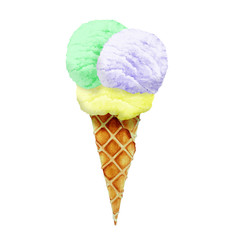 Yellow, green, lilac ice cream balls in a waffle cone, watercolor.