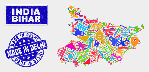 Mosaic tools Bihar State map and Made in Delhi watermark. Bihar State map collage formed with randomized colorful equipment, hands, service items.