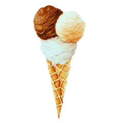Balls of vanilla, chocolate and creme brulee ice cream, watercolor.
